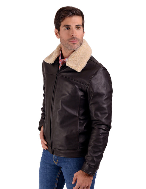 Chamarra de piel Perry Ellis para Caballero en color café con Cuello de Borrego.